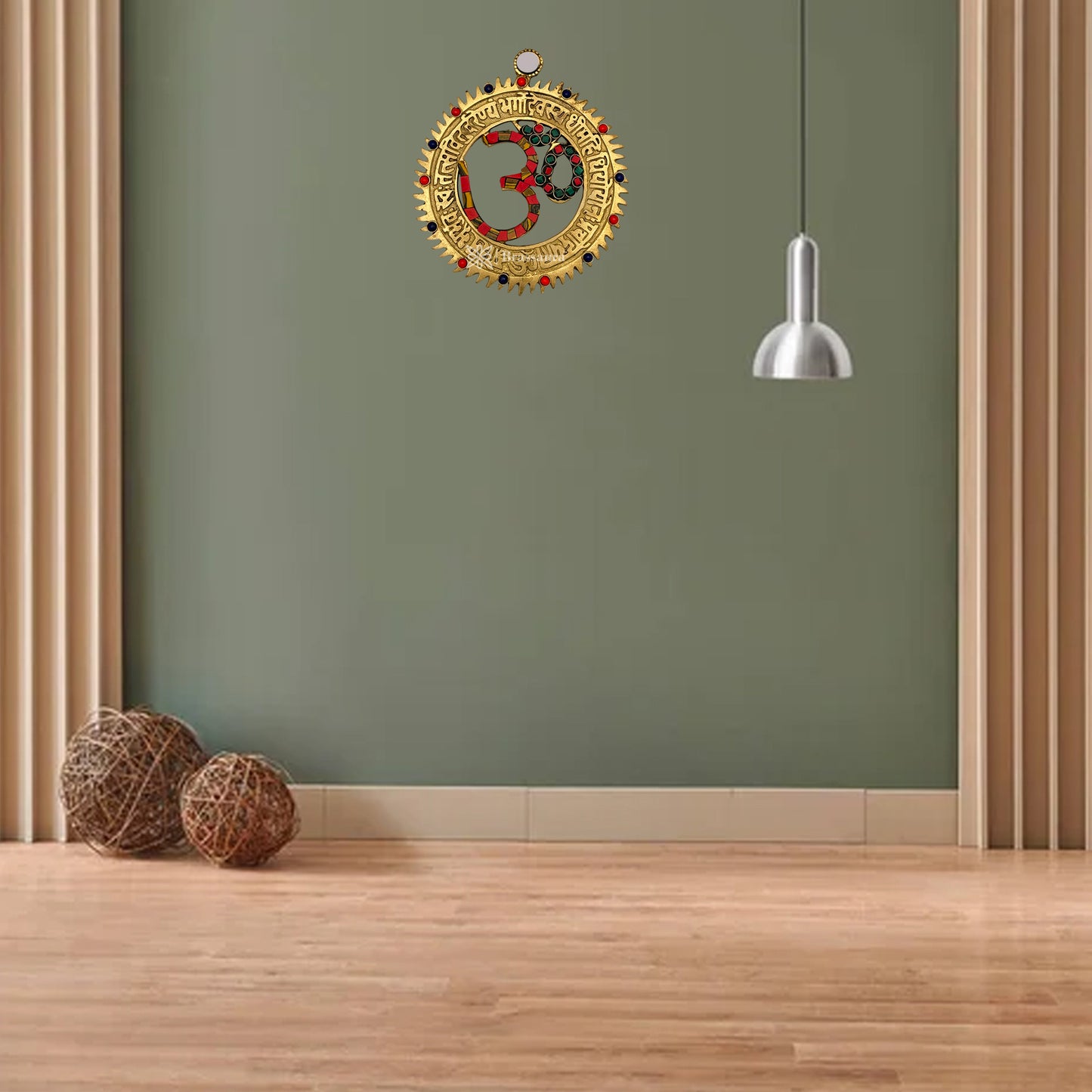 Brassaura™ Brass Gemstone Work Om Wall Hanging Idol – Height 6 Inches & Weight 0.3 Kgs | Spiritual Home Décor