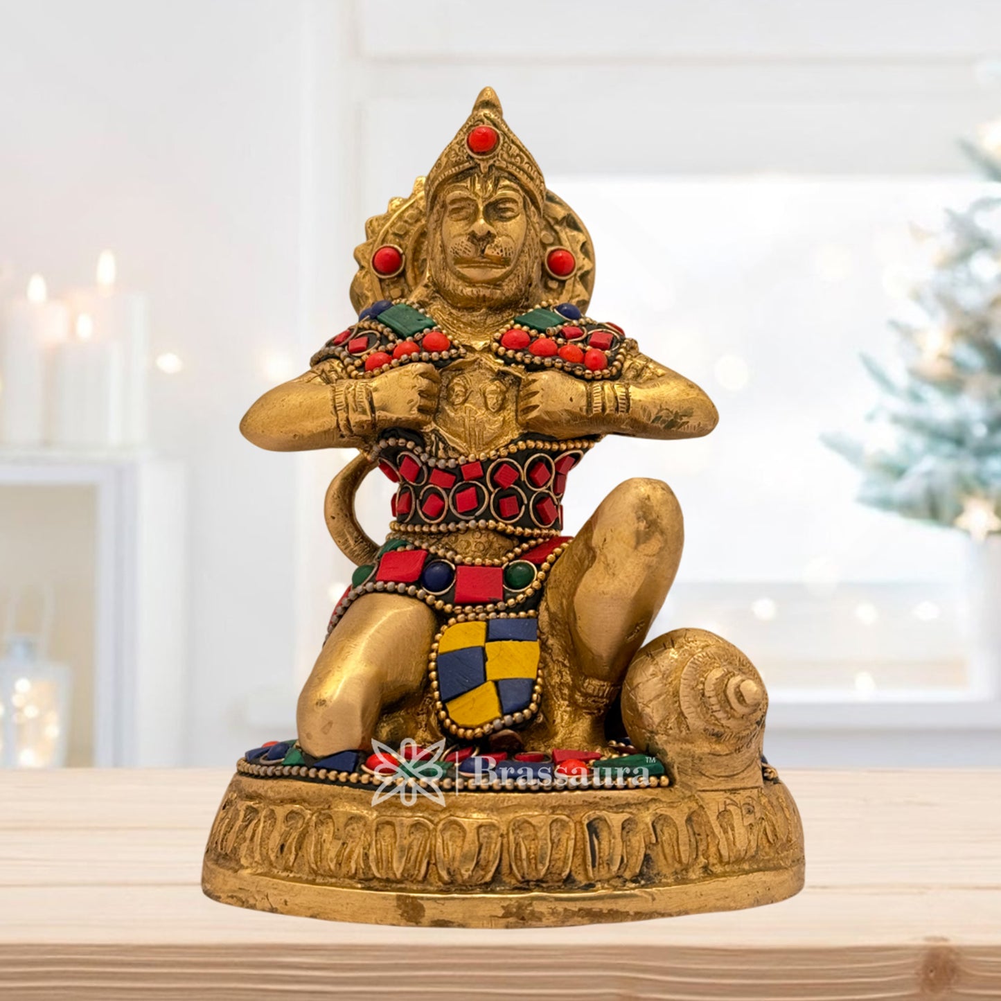 Brassaura™ Brass Hanuman Murti with Gem Stone Work – Height 5.6 Inches & Weight 1.1 Kgs | Temple & Festive Use