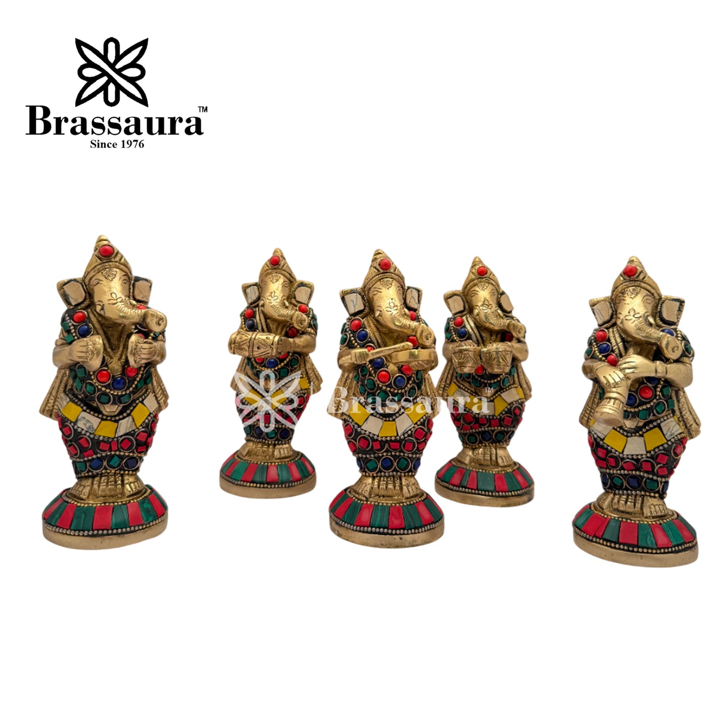 Brassaura™ Brass Work Instrumental Ganesha Idol for Home and Decor | Brass Ganesha Barat Statue  | Weight 3.3 Kgs | Height 5.1 Inches
