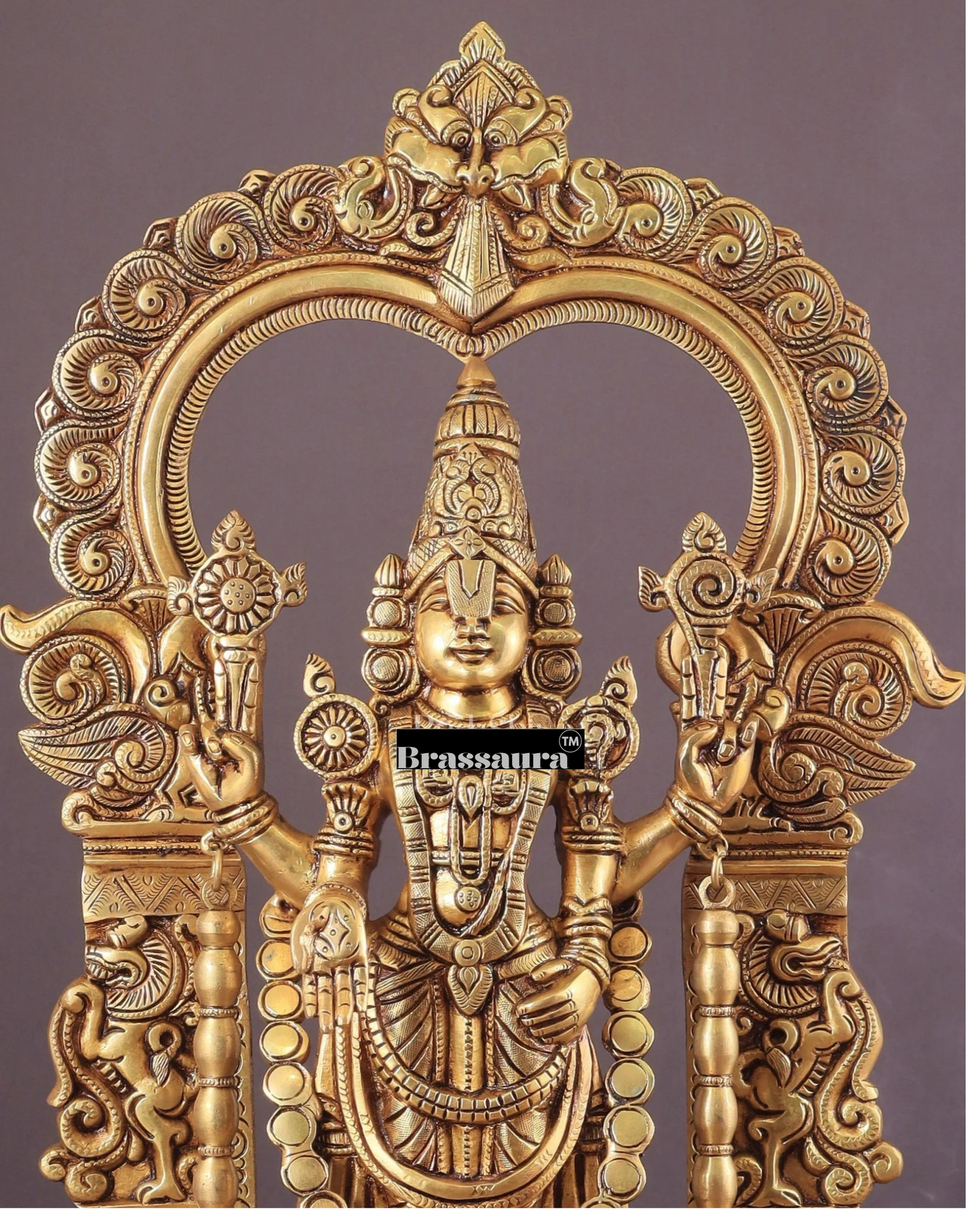 Brassaura™ Brass Superfine Tirupati Balaji Idol with Hanuman & Garuda Engravings – Height 22 Inches, 15 Kg | Temple & Home Decor
