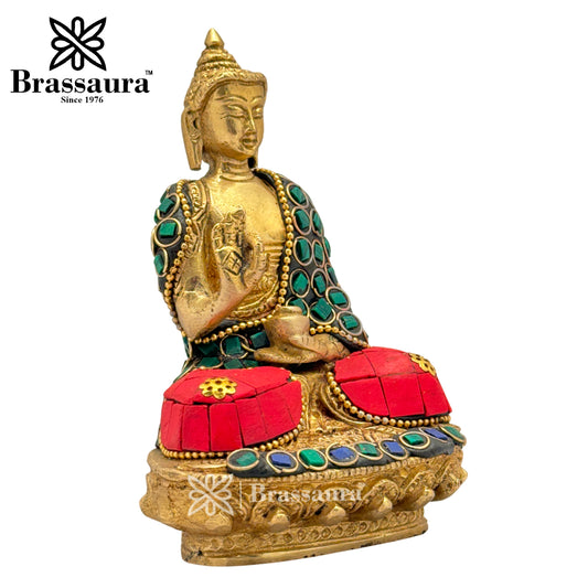 Brassaura® Brass Gem Stone Work Meditative Buddha Idol for Home Decor | Pure Superfine Brass Handcrafted Murti | Brass Statue for Home Temple, Pooja Room | Height 4.72 Inches | Weight 0.7 Kg