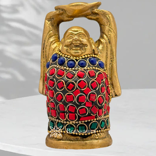 Brassaura® Brass Gem Stone Work Standing Buddha Idol for Home Decor | Pure Superfine Brass Handcrafted Murti | Brass Statue for Home Temple, Pooja Room | Height 3.54 Inches | Weight 0.5 Kg
