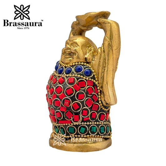 Brassaura® Brass Gem Stone Work Standing Buddha Idol for Home Decor | Pure Superfine Brass Handcrafted Murti | Brass Statue for Home Temple, Pooja Room | Height 3.54 Inches | Weight 0.5 Kg