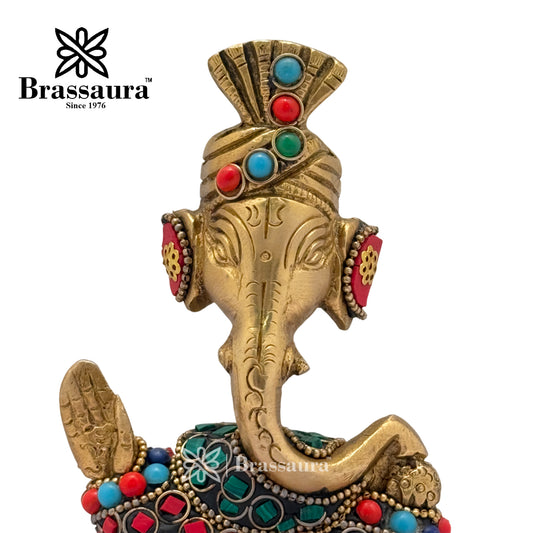 Brassaura™ Brass Gem Stone Work Modern Ganesha Idol for Home and Decor | Weight 1.1 Kgs | Height 5.91 Inches