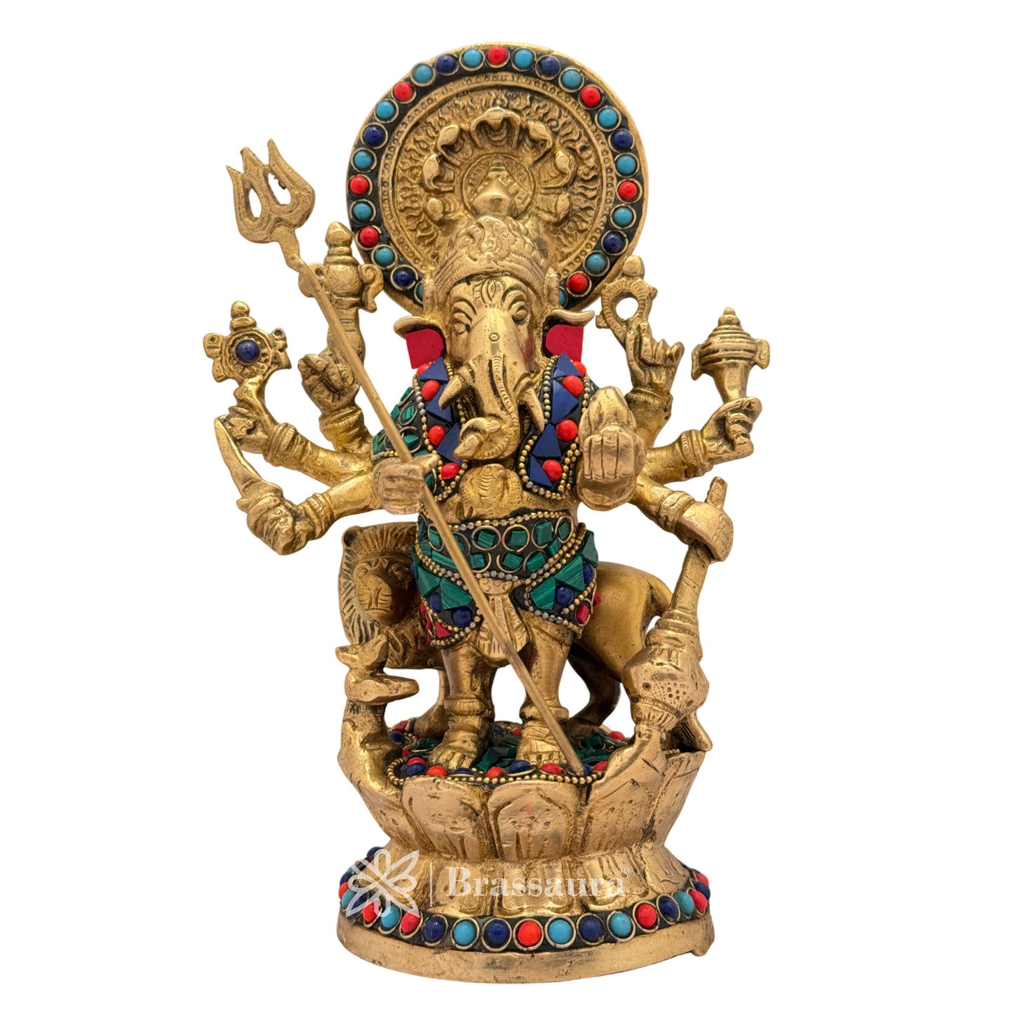 Brassaura™ Brass Gem Stone Work Ganesha and Lion Idol for Home and Decor | Weight 2.3 Kgs | Height 9.06 Inches