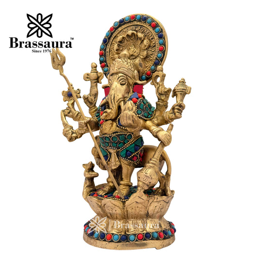 Brassaura™ Brass Gem Stone Work Ganesha and Lion Idol for Home and Decor | Weight 2.3 Kgs | Height 9.06 Inches