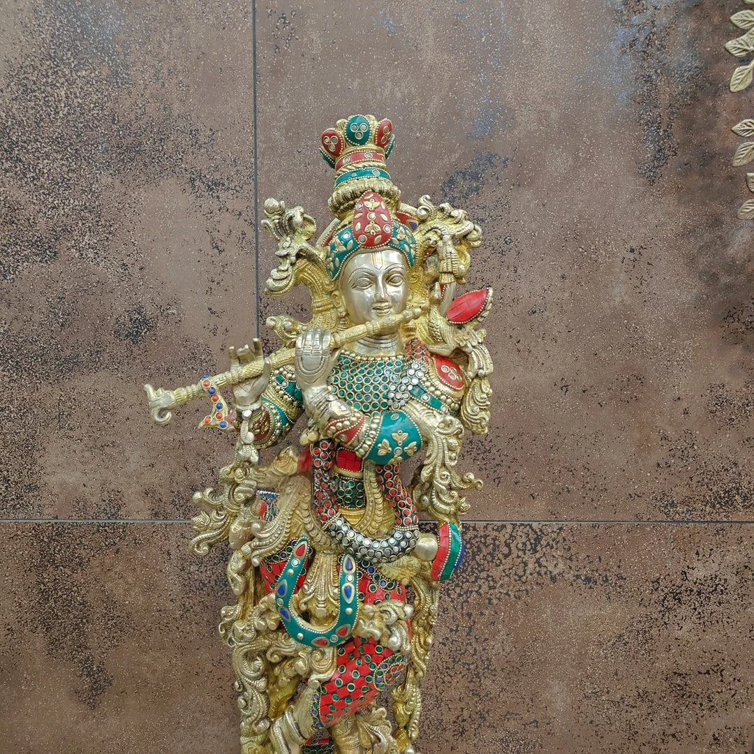 Brass Gem Stone Work Krishna Weight 16 Kg And Height 29 Inch