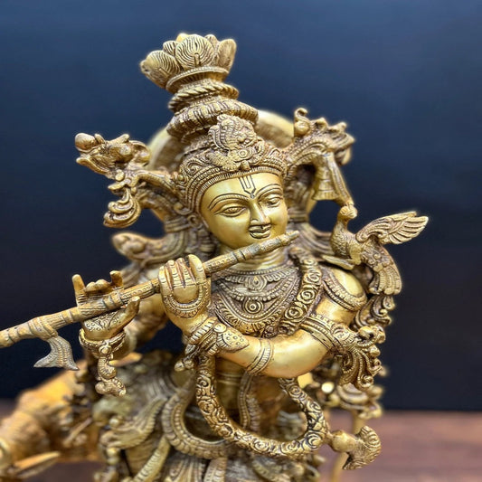 Brassaura® Lord Krishna Playing Flute with Cow Idol with Antique Finish | Pure Superfine Brass Handcrafted Murti | Brass Statue for Home Temple, Pooja Room, Spiritual Décor & Luxury Gifting | Height 26 Inches | Weight 22 Kg