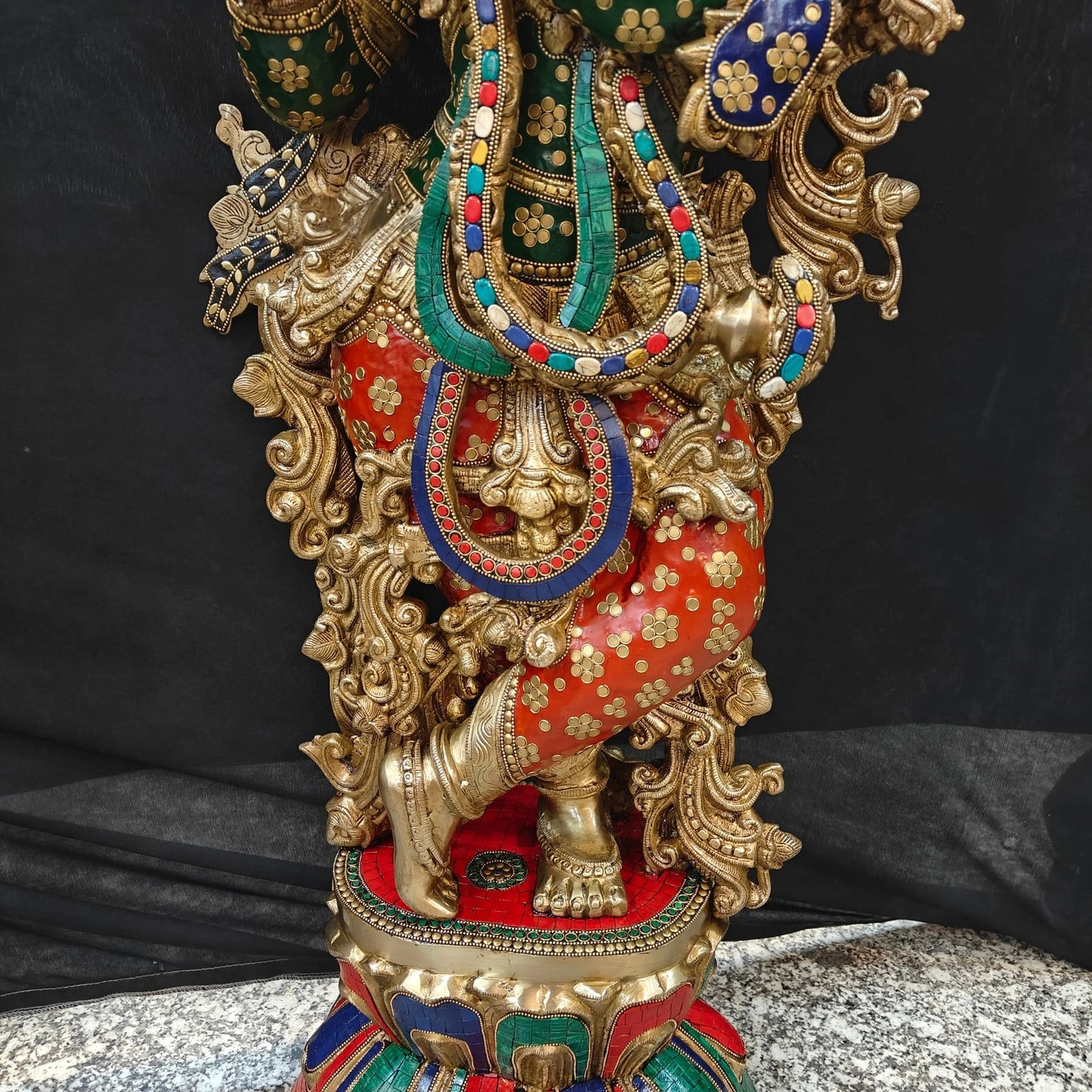 Brass Gem Stone Work Krishna Playing Flute Weight 57 Kg And Height 47 Inch