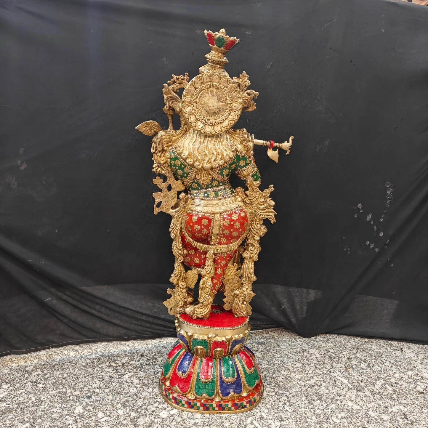 Brass Gem Stone Work Krishna Playing Flute Weight 57 Kg And Height 47 Inch