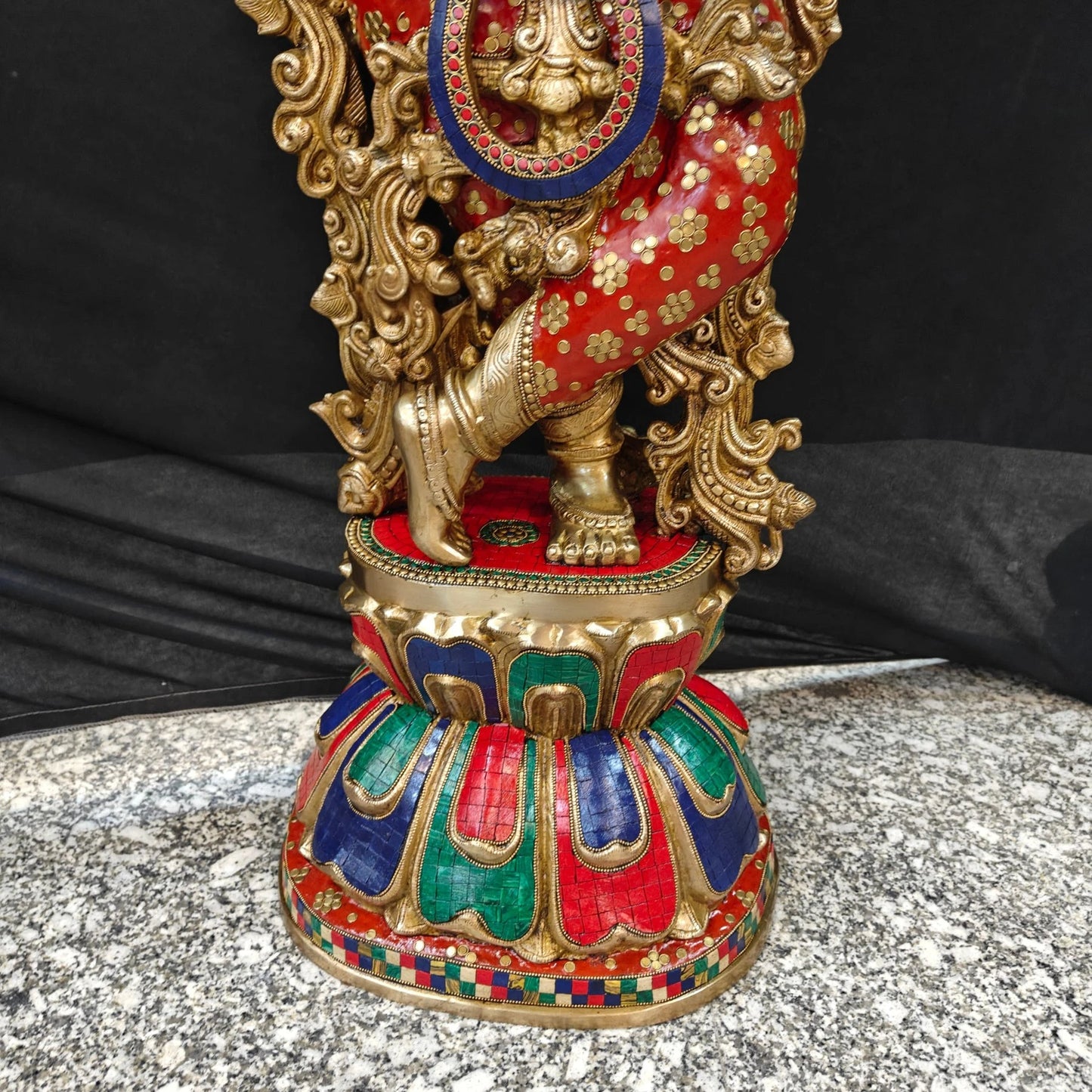 Brass Gem Stone Work Krishna Playing Flute Weight 57 Kg And Height 47 Inch