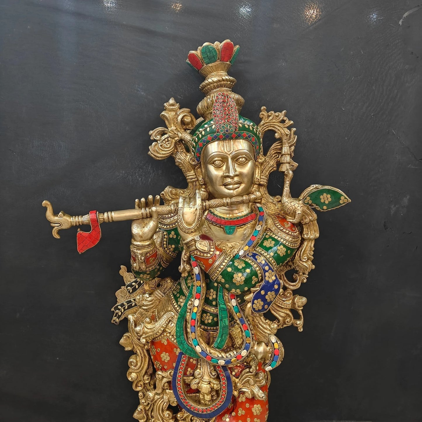 Brass Gem Stone Work Krishna Playing Flute Weight 57 Kg And Height 47 Inch