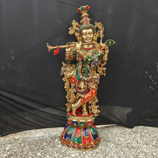Brass Gem Stone Work Krishna Playing Flute Weight 57 Kg And Height 47 Inch