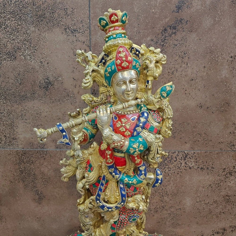 Brass Gem Stone Work Krishna Playing Flute Weight 57 Kg And Height 47 Inch