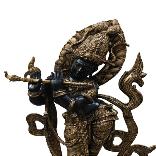 Brassaura® Lord Krishna Playing Flute Idol with Golden & Black Patina Finish | Pure Superfine Brass Handcrafted Murti | Brass Statue for Home Temple, Pooja Room, Spiritual Décor & Luxury Gifting | Height 36 Inches | Weight 30 Kg