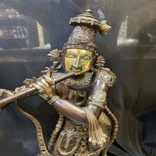 Brassaura® Brass Krishna Playing Flute Idol | Premium Handcrafted Brass Murti for Home Temple, Pooja Room, Living Room, Spiritual Décor & Luxury Gifting | Height 45 Inches | Weight 41.5 Kg