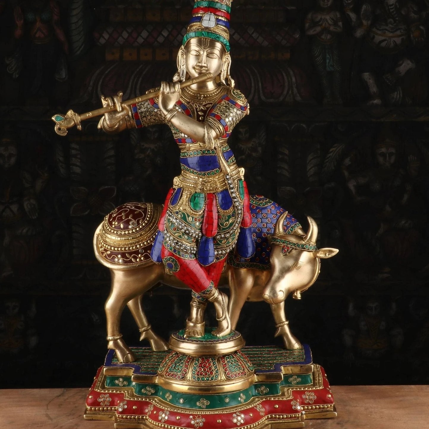 Brass Gem Stone Work Cow & Krishna Weight 27 Kg