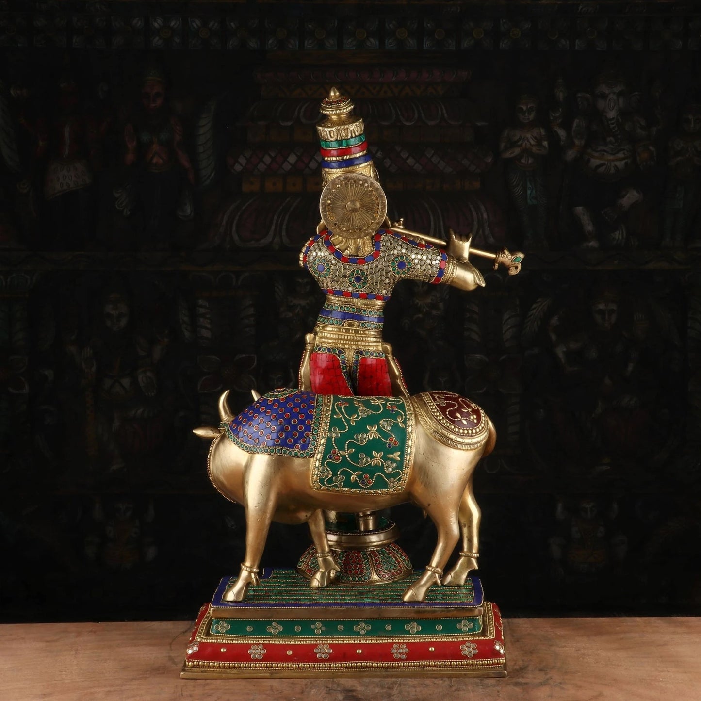 Brass Gem Stone Work Cow & Krishna Weight 27 Kg