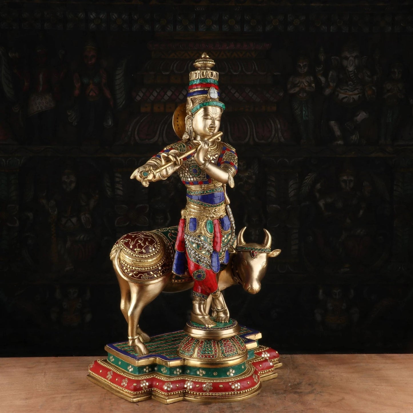 Brass Gem Stone Work Cow & Krishna Weight 27 Kg