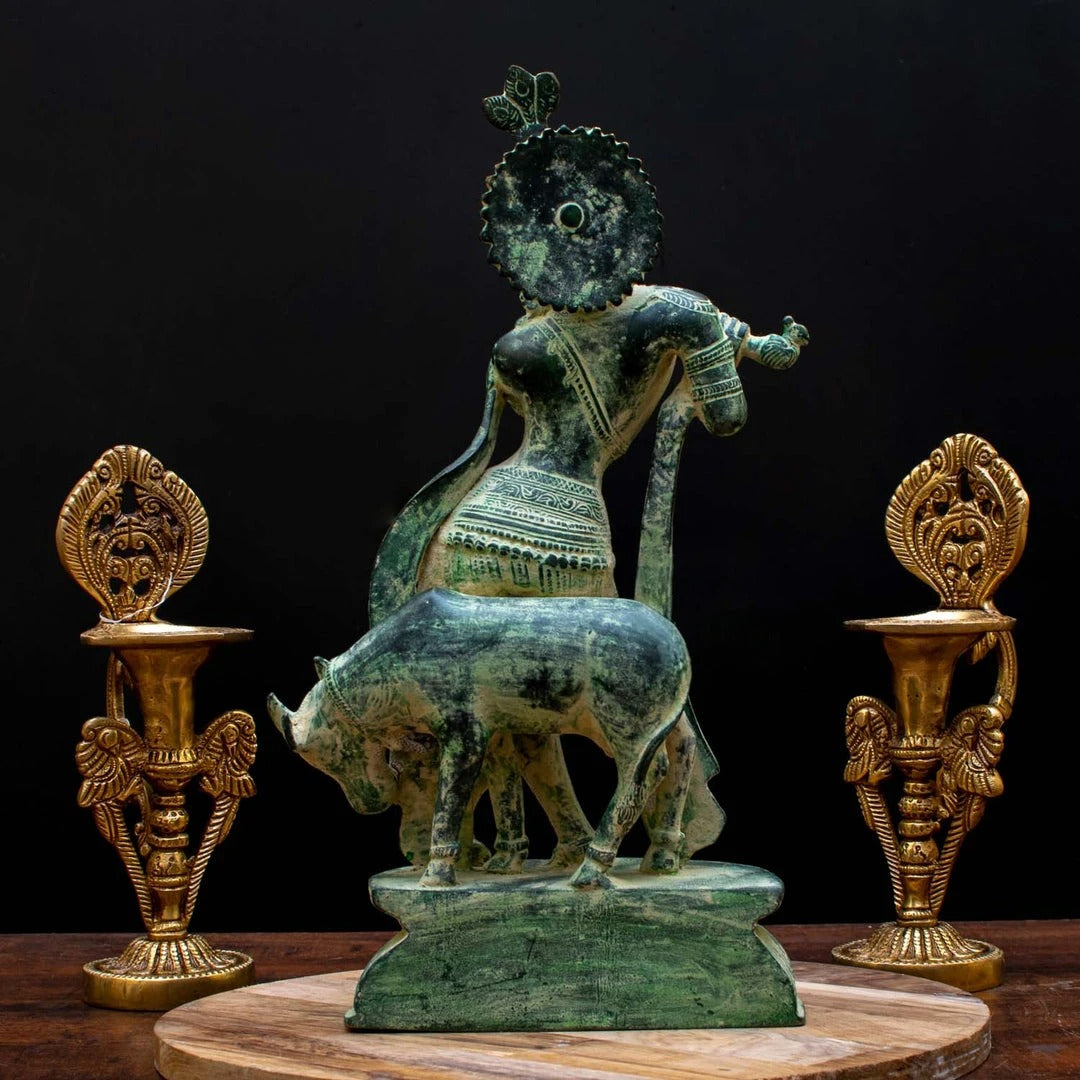 Brass Cow & Krishna Playing Flute Weight 4.5 Kg And Height 13 Inch