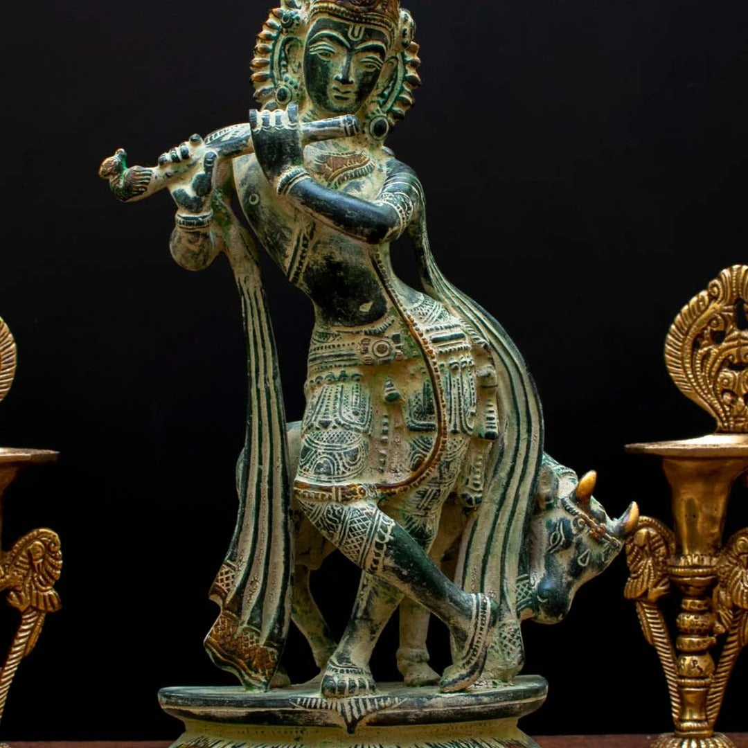Brass Cow & Krishna Playing Flute Weight 4.5 Kg And Height 13 Inch