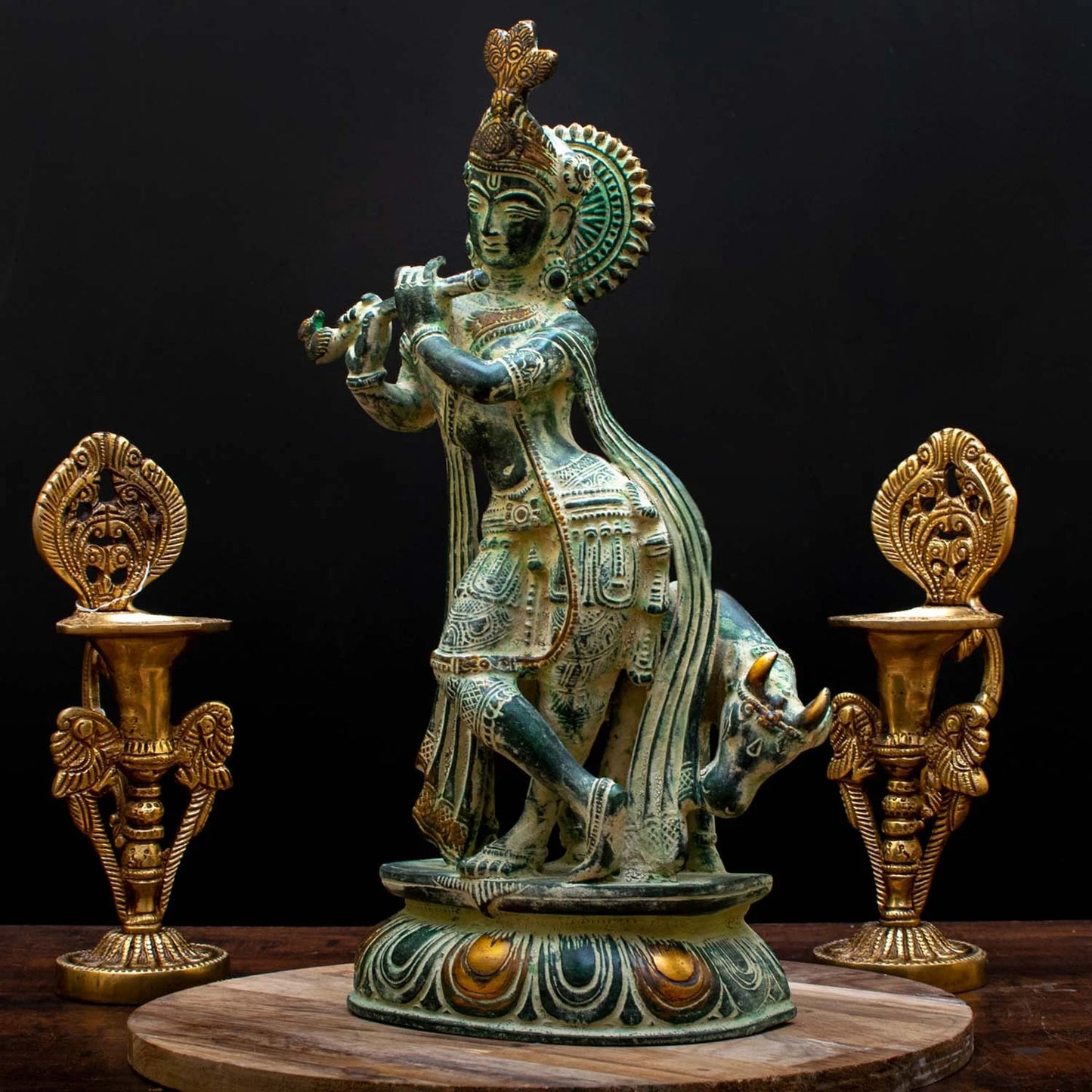 Brass Cow & Krishna Playing Flute Weight 4.5 Kg And Height 13 Inch