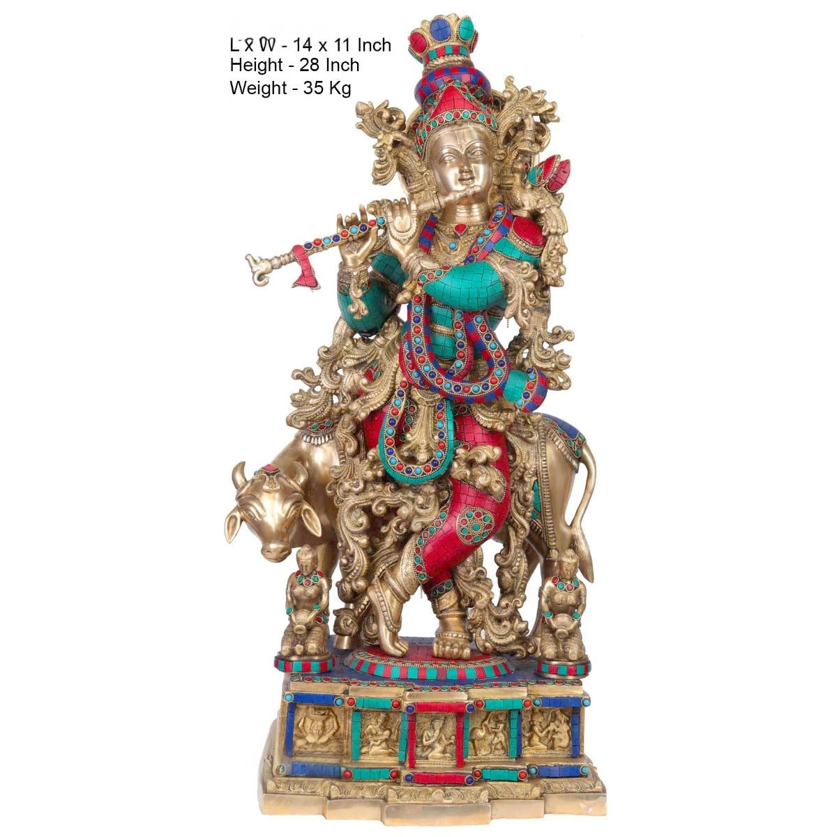 Brass Gem Stone Work Cow & Krishna Weight 35 Kg And Height 28 Inch