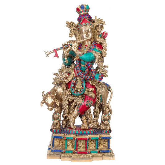 Brass Gem Stone Work Krishna Playing Flute Weight 35 Kg And Height 28 Inch