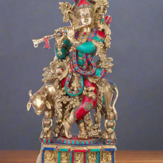 Brassaura® Lord Krishna Playing Flute with Cow Idol with Stonework Finish | Pure Superfine Brass Handcrafted Murti | Brass Statue for Home Temple, Pooja Room, Spiritual Décor & Luxury Gifting | Height 28 Inches | Weight 35 Kg