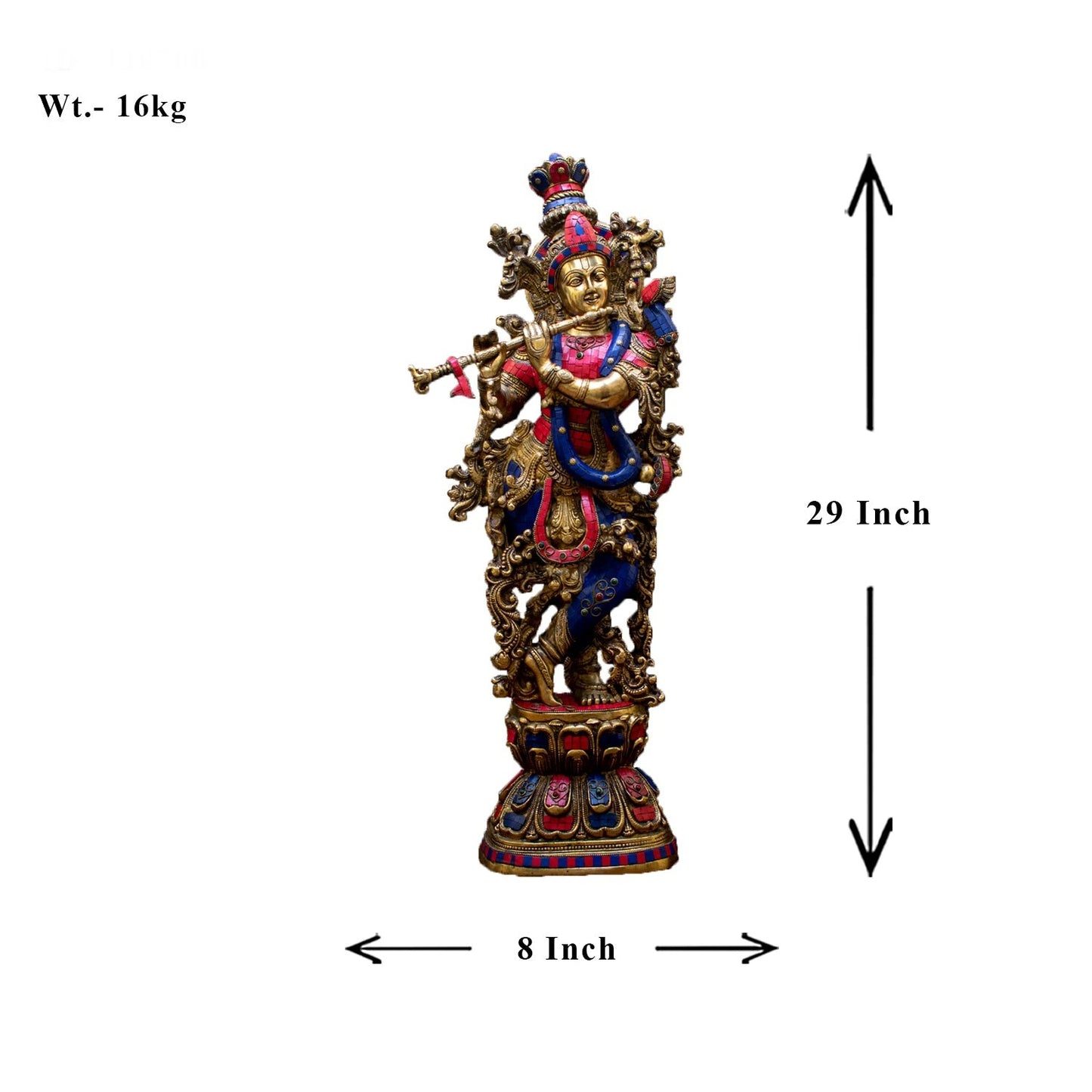 Brass Gem Stone Work Standing Krishna Playing Flute Weight 16 Kg And Height 29 Inch