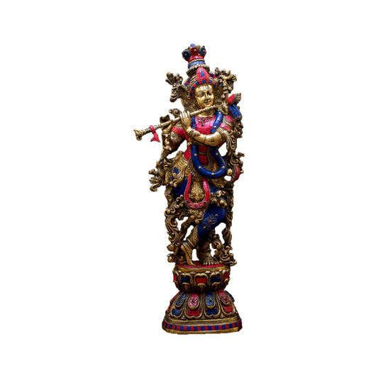 Brass Gem Stone Work Standing Krishna Playing Flute Weight 16 Kg And Height 29 Inch
