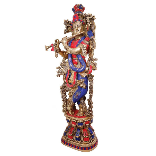 Brassaura® Brass Gem Stone Work Standing Krishna Playing Flute Idol | Premium Handcrafted Brass Murti for Home Temple, Pooja Room, Spiritual Décor & Luxury Gifting | Height 29 Inches | Weight 16 Kg