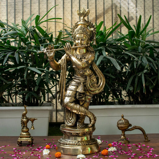 Brassaura® Lord Krishna Playing Flute Statue | Pure Superfine Brass Handcrafted Murti | Premium Brass Idol for Home Temple, Living Room, Office, Spiritual Décor & Luxury Gifting | Height 36 Inches | Weight 22 Kg
