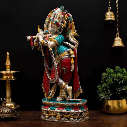 Brass Gem Stone Work Krishna Playing Flute Weight 12 Kg And Height 23 Inch