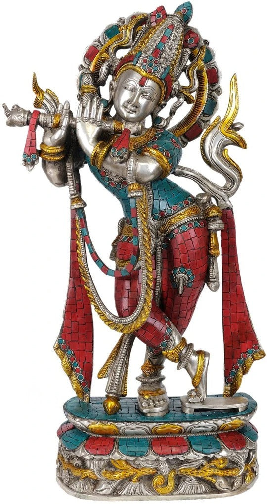 Brass Gem Stone Work Krishna Playing Flute Weight 12 Kg And Height 23 Inch