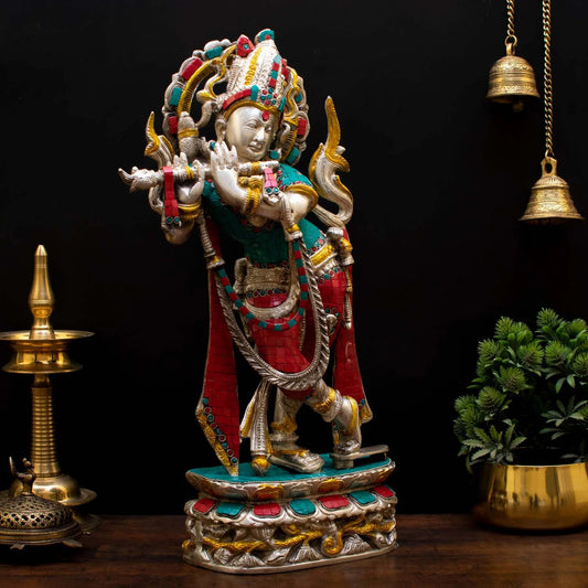Brassaura® Lord Krishna Playing Flute Statue | Premium Brass Gem Stone Work Handcrafted Murti | Luxury Brass Idol for Home Temple, Living Room, Spiritual Décor & Gifting | Height 23 Inches | Weight 12 Kg