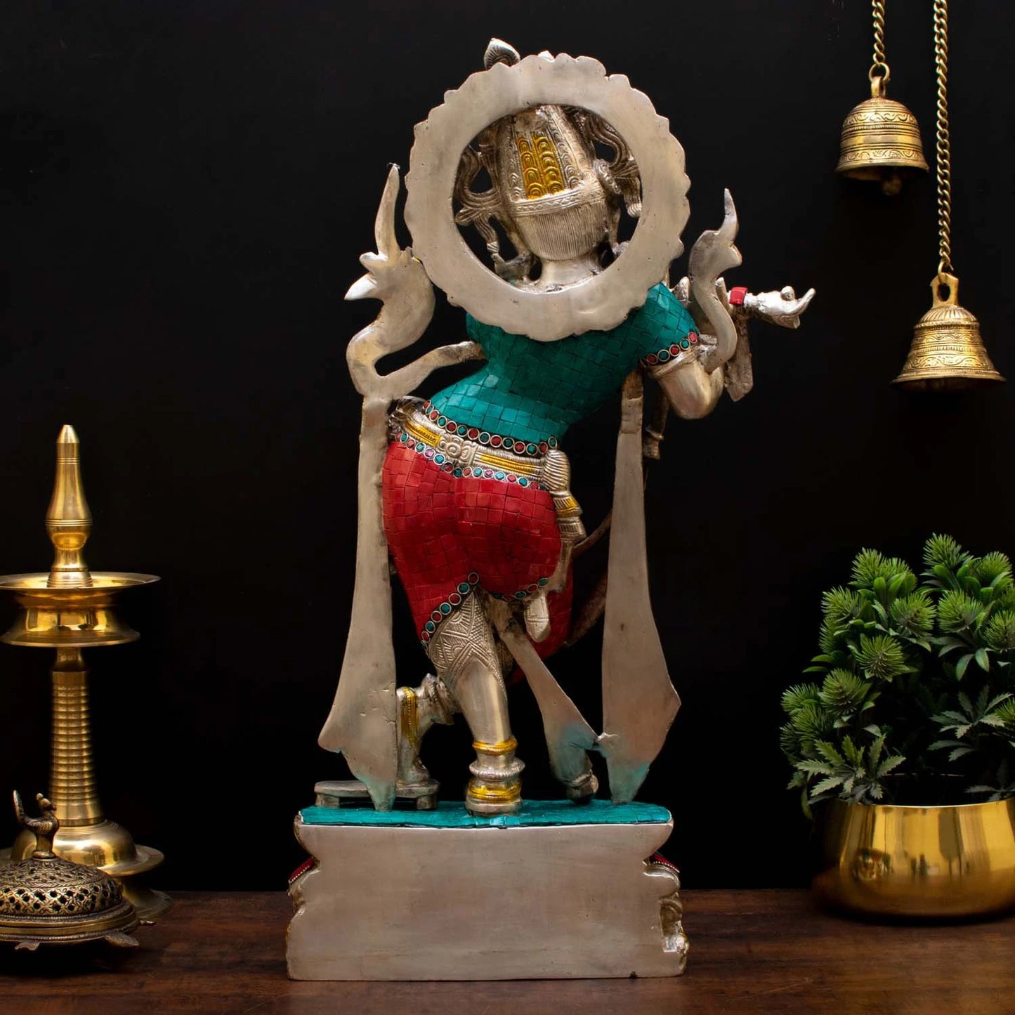Brass Gem Stone Work Krishna Playing Flute Weight 12 Kg And Height 23 Inch