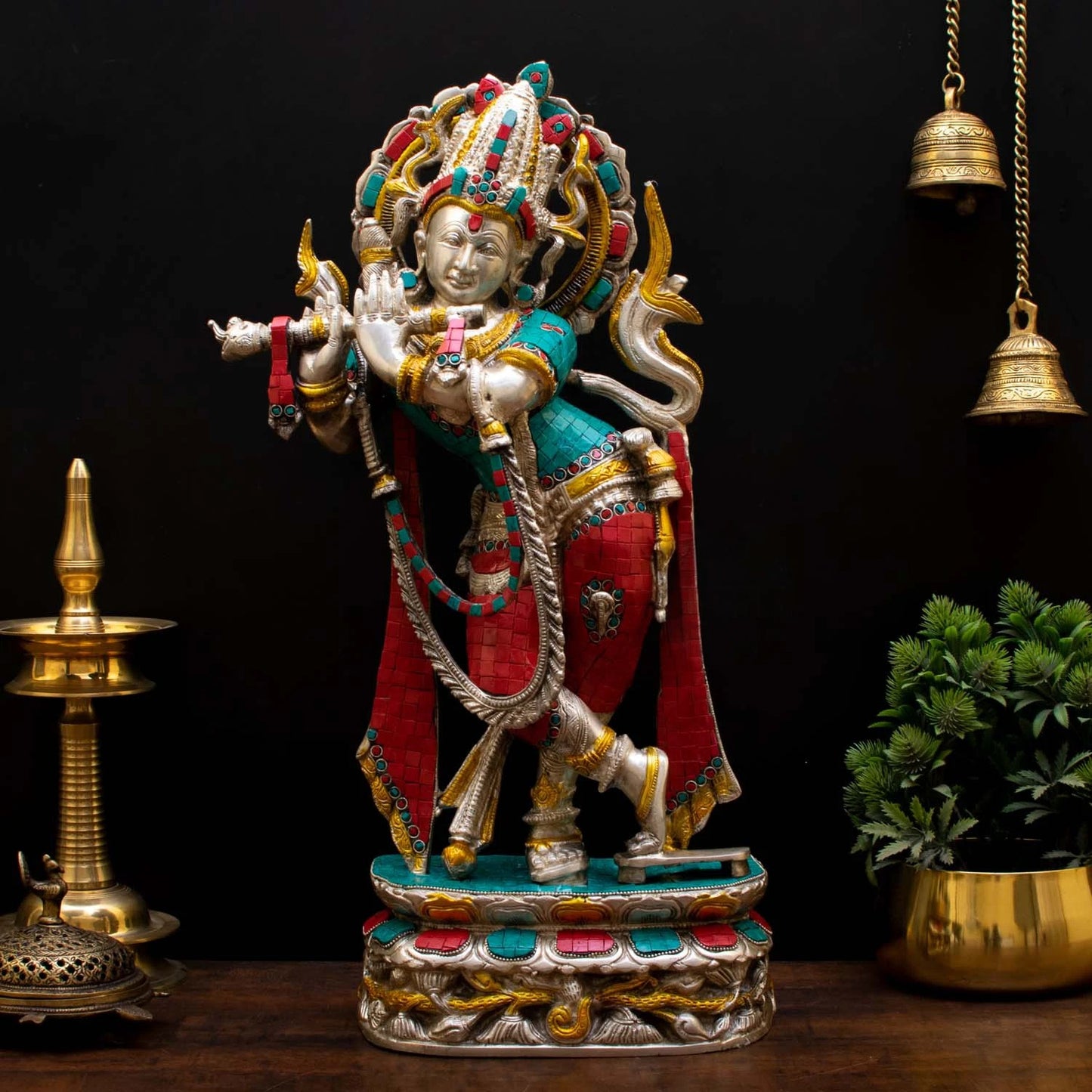Brass Gem Stone Work Krishna Playing Flute Weight 12 Kg And Height 23 Inch