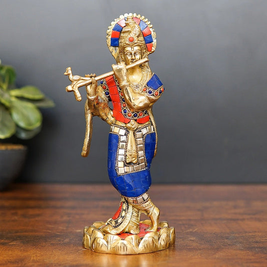 Brassaura® Lord Krishna Playing Flute Idol with Gem Stone Work | Pure Superfine Brass Handcrafted Murti | Brass Statue for Home Temple, Pooja Room, Spiritual Décor & Luxury Gifting | Height 10.5 Inches | Weight 2.1 Kg