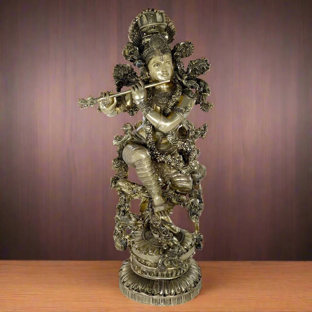 Brass Standing Krishna Playing Flute Weight 75 Kg And Height 43 Inch