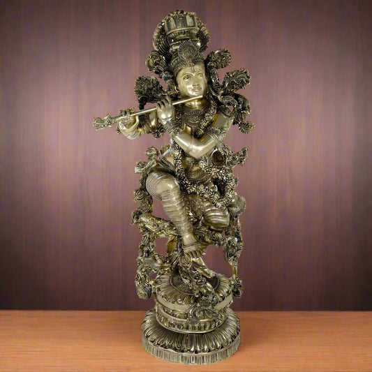 Brassaura® Lord Krishna Playing Flute Standing Idol with Antique Silver Finish | Pure Superfine Brass Handcrafted Murti | Brass Statue for Home Temple, Pooja Room, Spiritual Décor & Luxury Gifting | Height 43 Inches | Weight 75 Kg