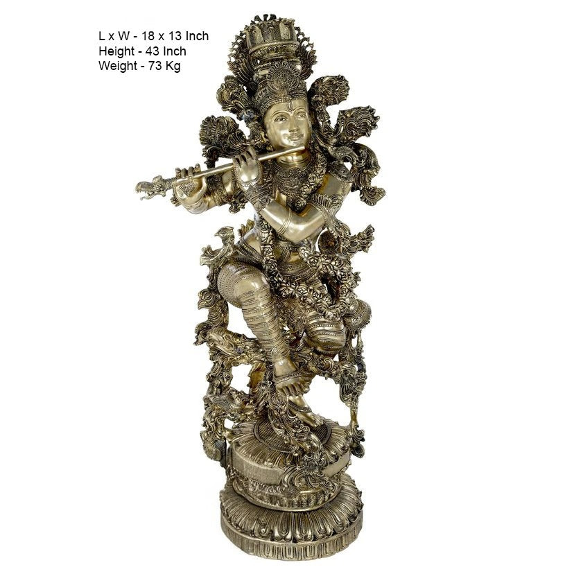 Brass Standing Krishna Playing Flute Weight 75 Kg And Height 43 Inch