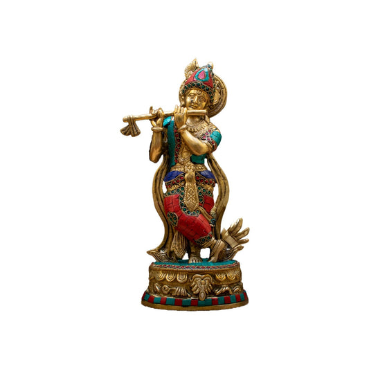 Brass Gem Stone Work Krishna Playing Flute Weight 2.8 Kg And Height 12 Inch