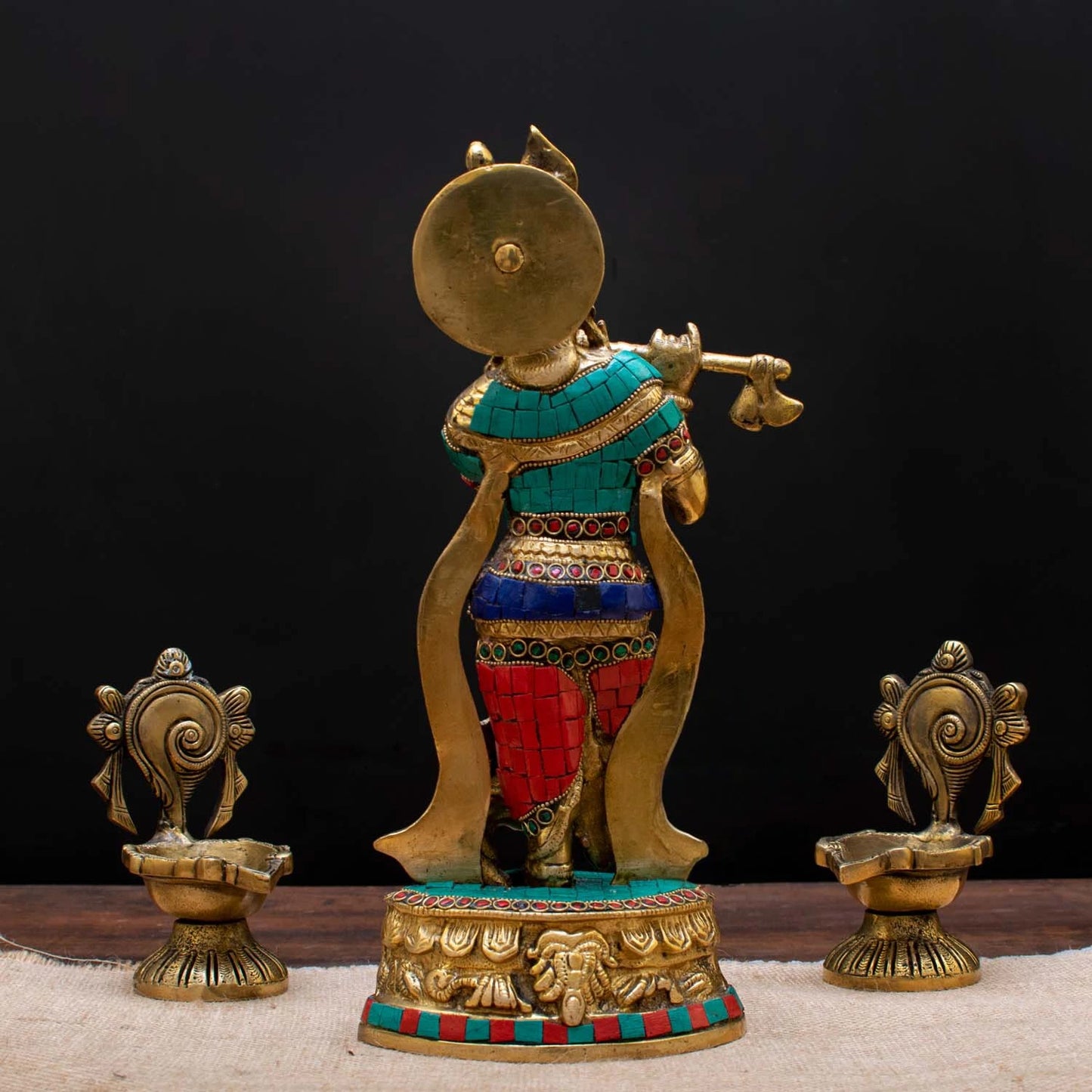 Brass Gem Stone Work Krishna Playing Flute Weight 2.8 Kg And Height 12 Inch