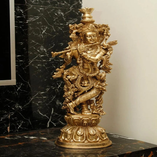 Brassaura® Lord Krishna Playing Flute Idol with Royal Golden Finish | Pure Superfine Brass Handcrafted Murti | Brass Statue for Home Temple, Pooja Room, Spiritual Décor & Luxury Gifting | Height 24 Inches | Weight 12 Kg