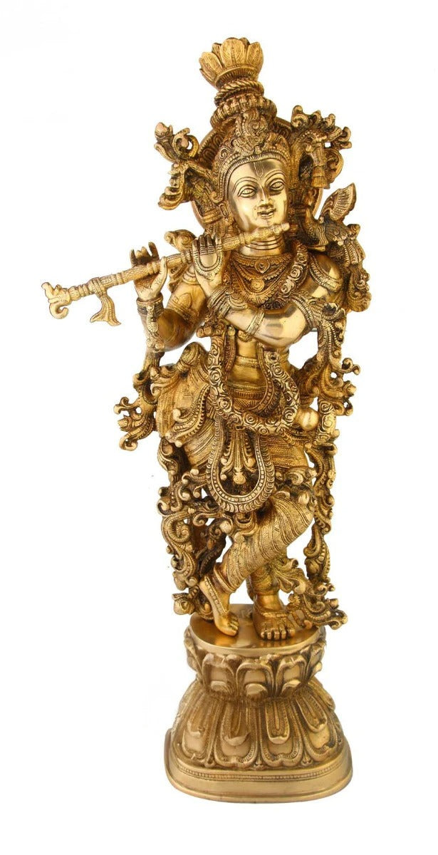 Brass Royal Golden Krishna Playing Flute Weight 12 Kg And Height 24 Inch