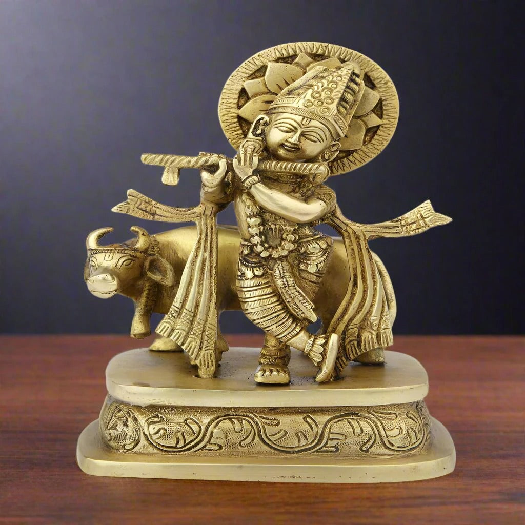 Brass Cow & Krishna Weight 1.5 Kg And Height 7 Inch