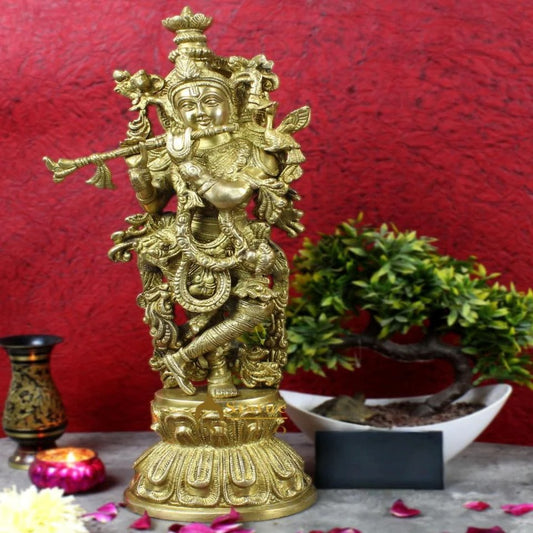 Brassaura® Lord Krishna Playing Flute Idol with Antique Golden Finish | Pure Superfine Brass Handcrafted Murti | Brass Statue for Home Temple, Pooja Room, Spiritual Décor & Luxury Gifting | Height 18 Inches | Weight 6.5 Kg