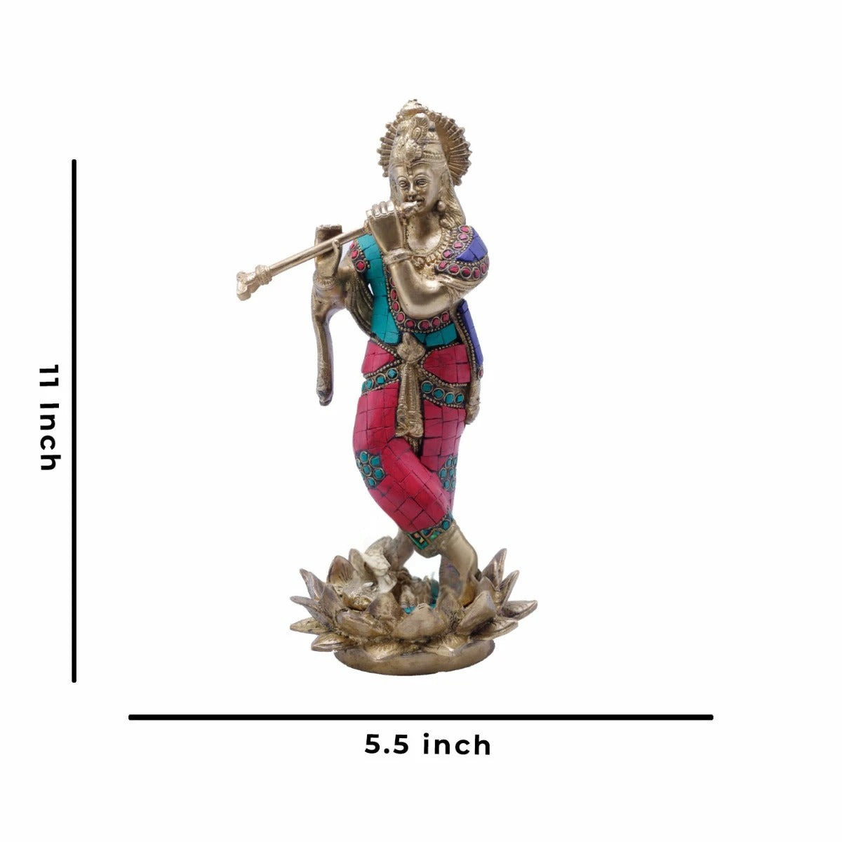 Brass Gem Stone Work Krishna Playing Flute Weight 2.8 Kg And Height 11 Inch