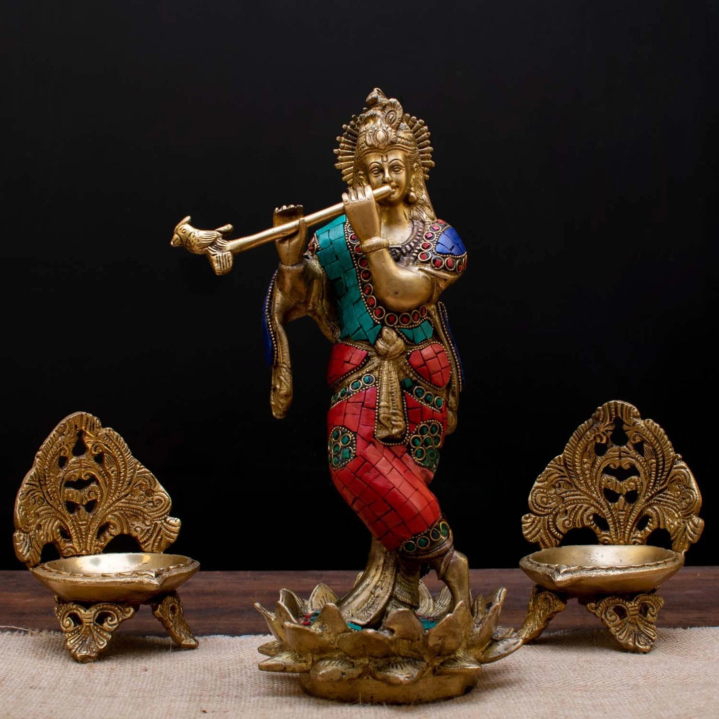 Brass Gem Stone Work Krishna Playing Flute Weight 2.8 Kg And Height 11 Inch